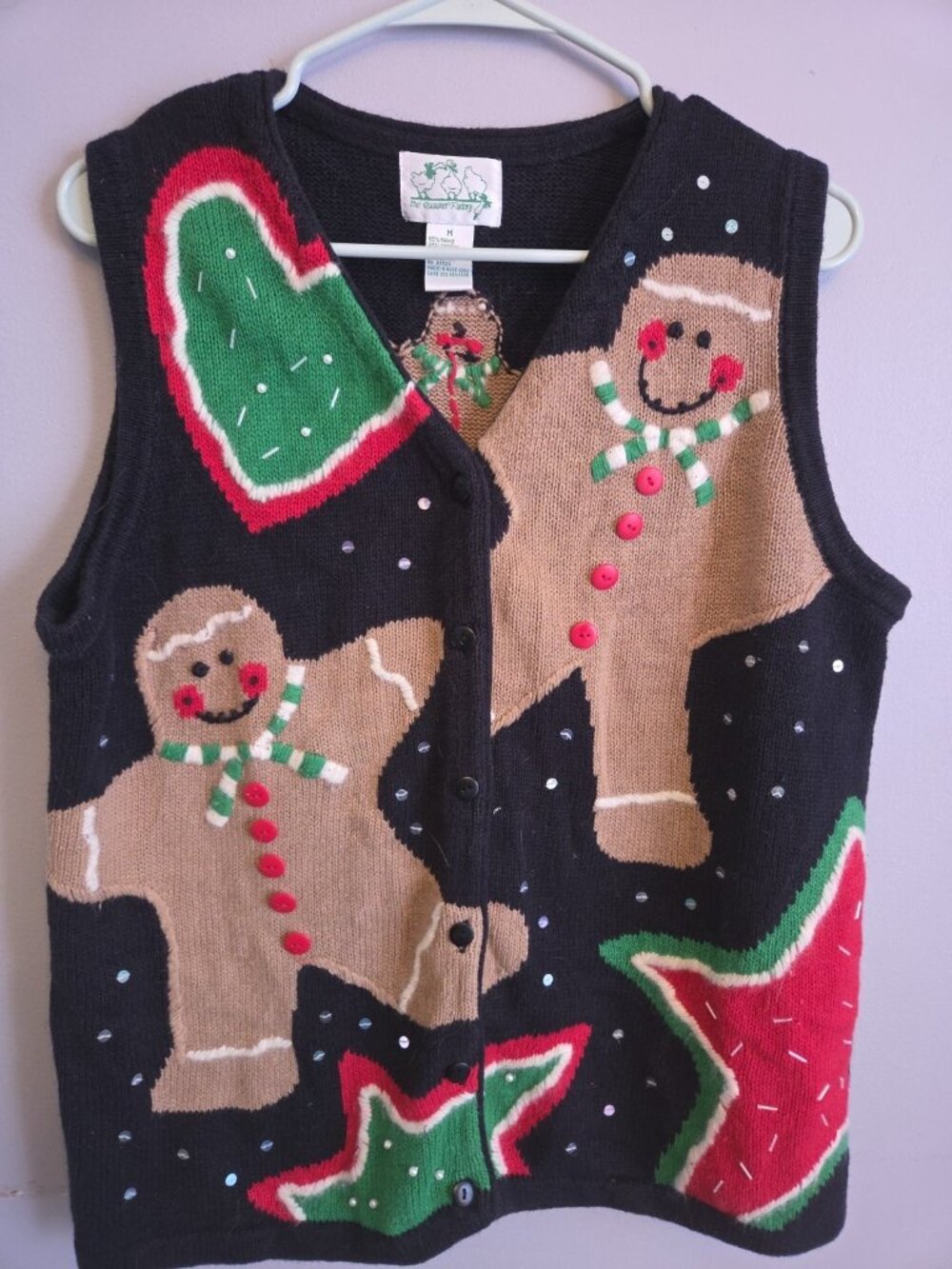 Quacker Factory Sweater Vest M  Vintage Button Up Christmas Gingerbread Cookies